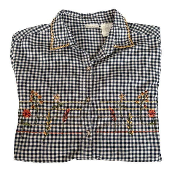 Bobbie Brooks Gingham Floral Embroidered Shirt Dress Cottagecore Folk Boho Navy - Picture 1 of 7